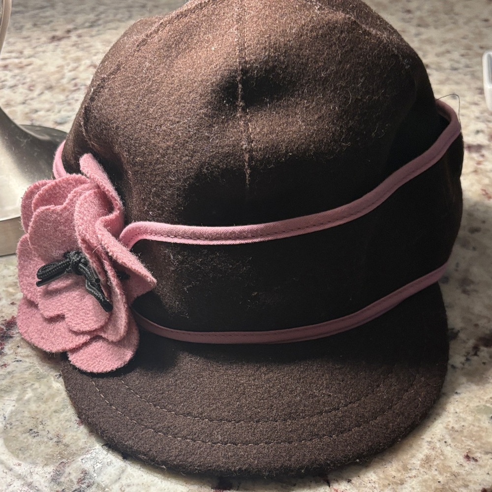 Brown Wool Hat with Pink Flower Accent